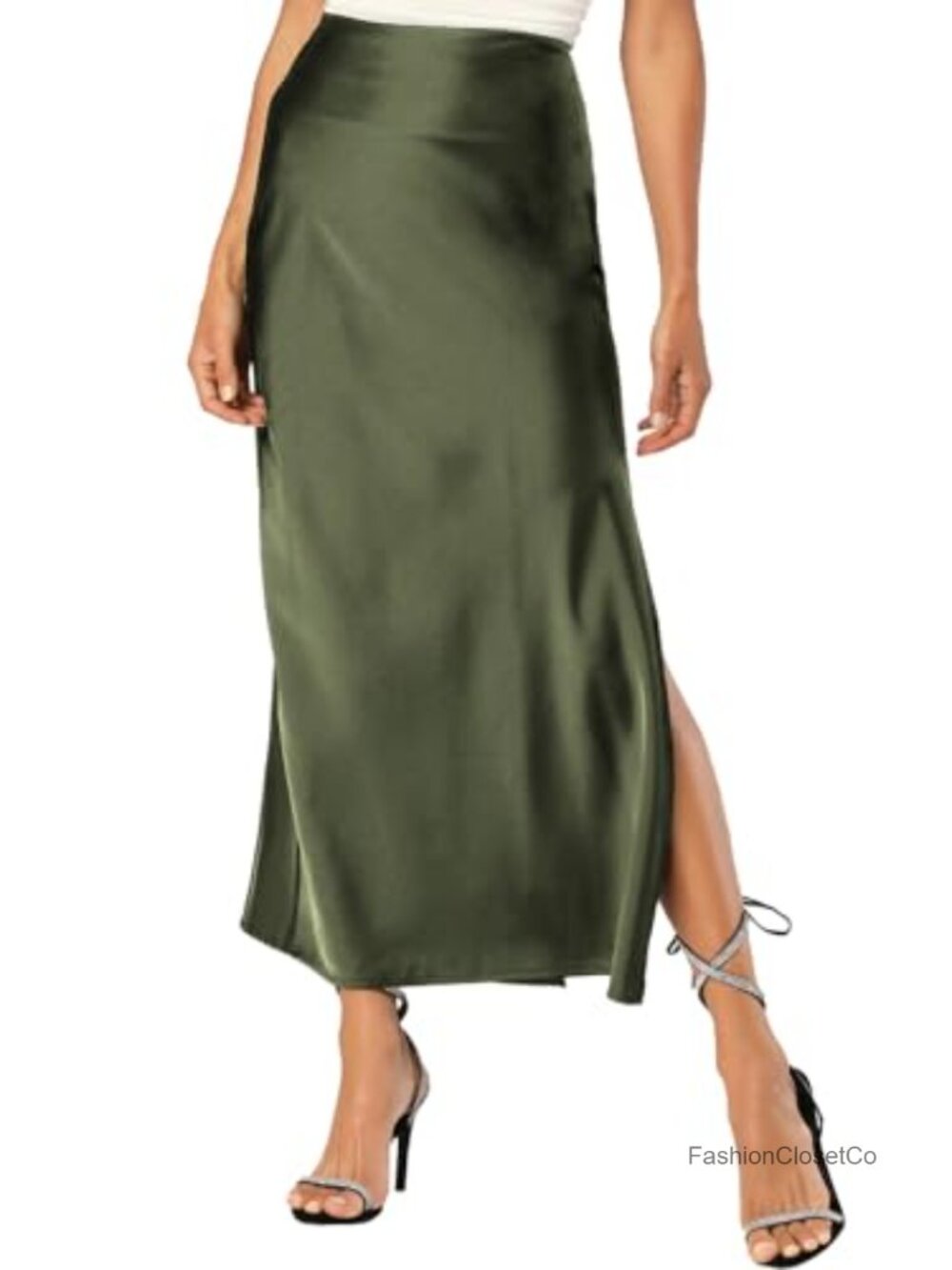 Satin Silk Maxi Slit Skirt Elastic Waistband Leopard Print Long Skirt